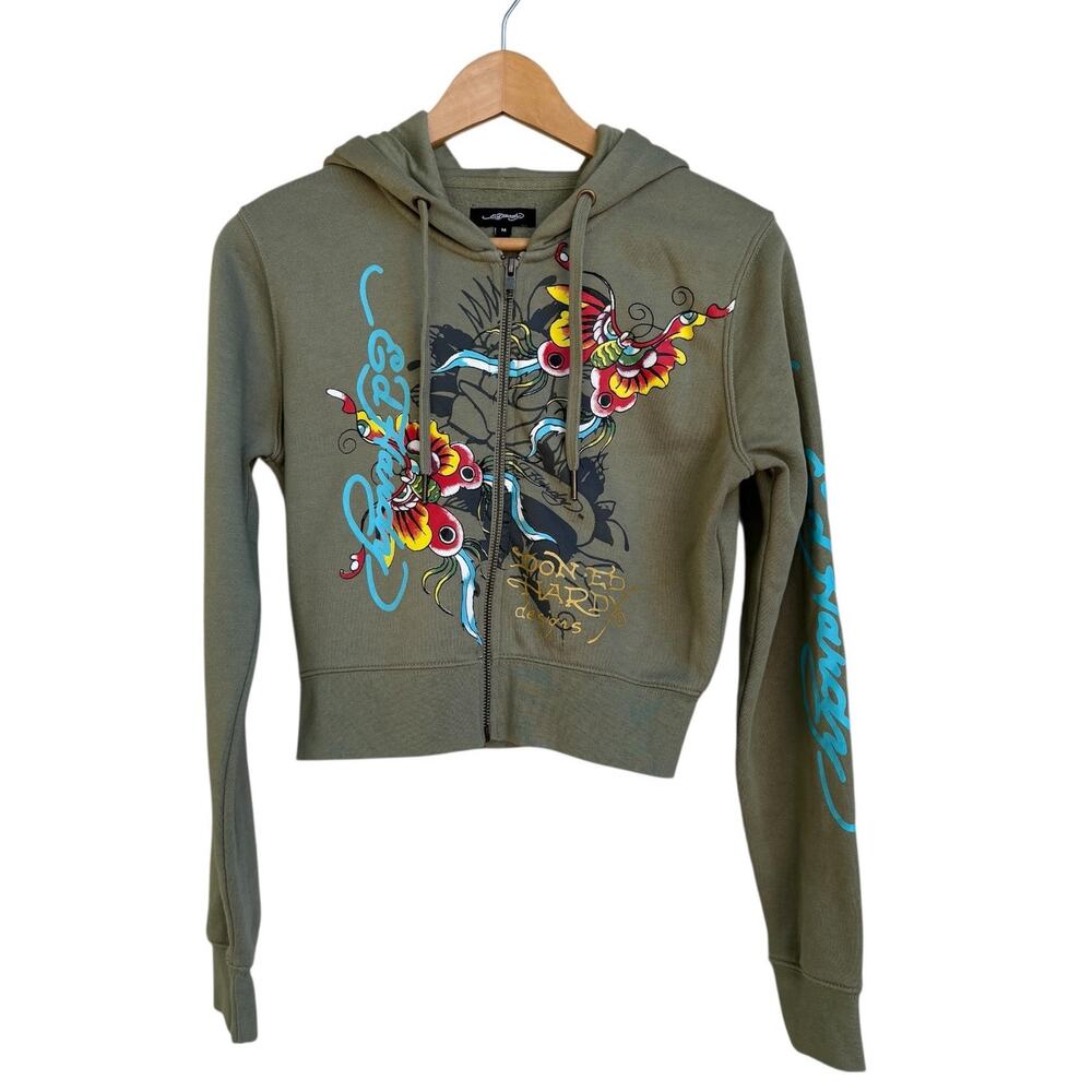 Ed Hardy Butterfly & Rose Crop Hoodie Junior Size M Tatoo-inspired